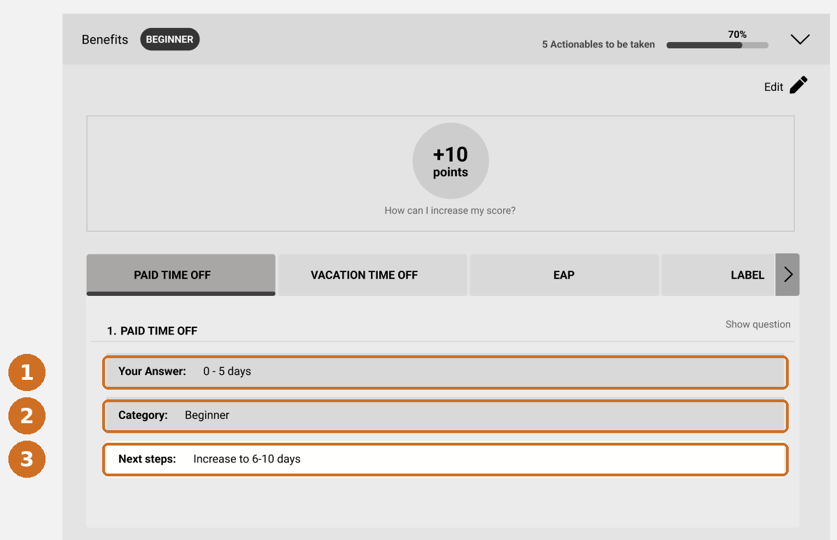Design wireframe of one assessment category expanded, showing the answer given, the maturity level it places the organization at, and the specific next step.